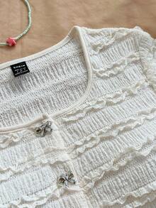 Soleia 女士度假针织白色纹理圆领开衫，精致蝴蝶结金属纽扣前开衩修身 T 恤衫，适合派对、狂欢节、下午茶 - 杏色 - 查看 5