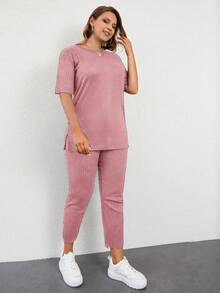 EURMUSE 大码夏季休闲纯色短袖T恤和裤子两件套 - 珊瑚粉 - 查看 4