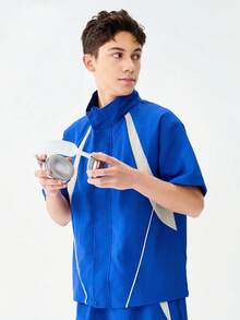 SHEIN 2 件套青少年男童街头服饰美式休闲装，包括宽松连帽夹克和休闲直筒短裤，适合嘻哈、街舞、音乐节、散步、慢跑、户外、滑板