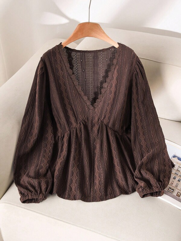 CosyJoli Women's Plus Size V-Neck Long Sleeve Cinched Waist Textured Brown Long Sleeve T-Shirt, Casual & Versatile Everyday Wear