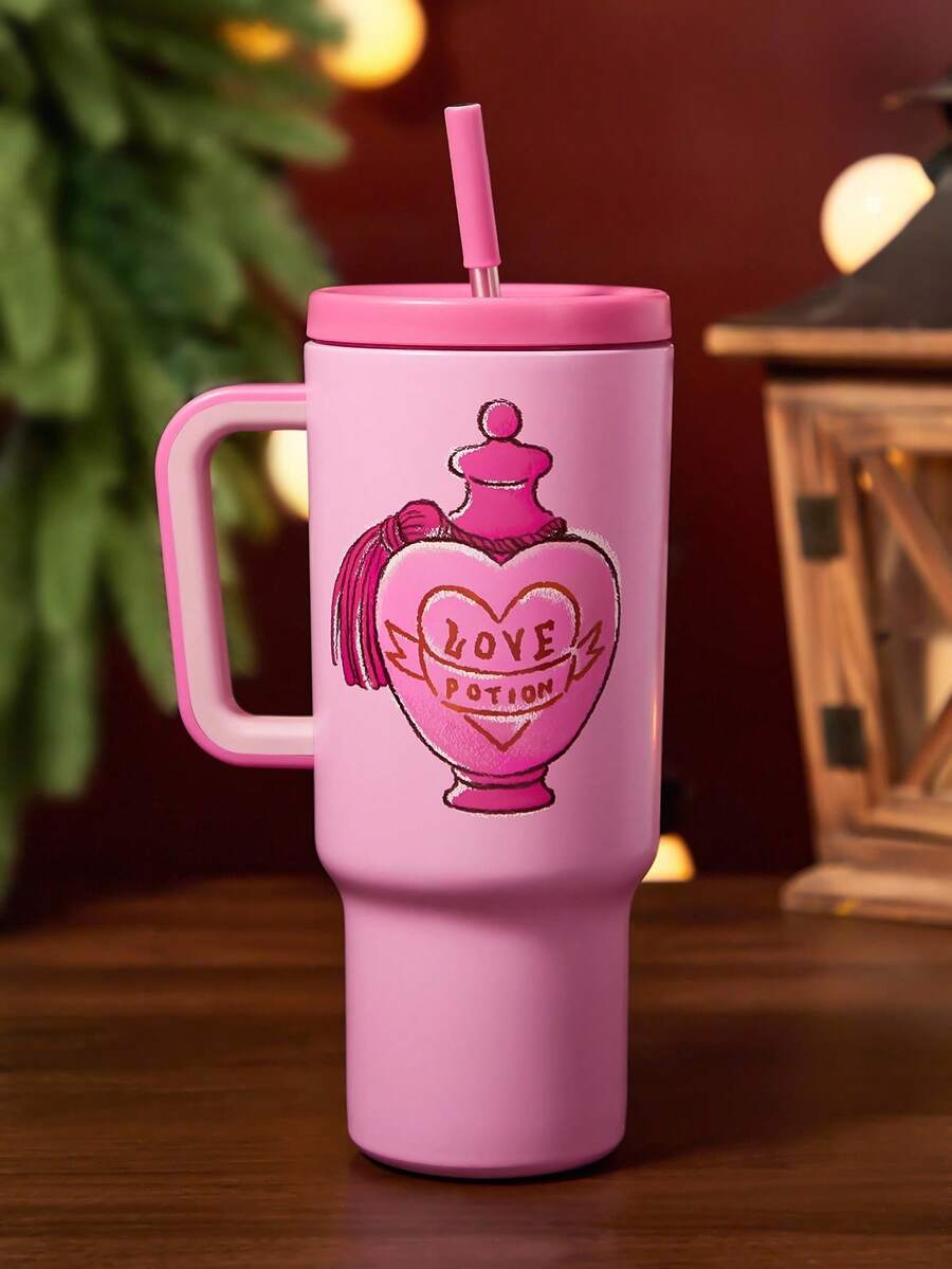 HARRY POTTER X SHEIN 40.6盎司1200毫升卡通图案带手柄玻璃杯、保温杯、真空保温水瓶、防漏盖和吸管、不锈钢旅行杯、车载杯