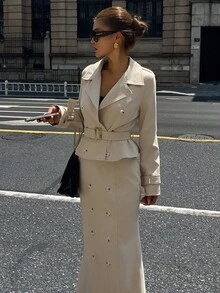 DAZY Women's Autumn Lapel NeckLong Sleeve Double-Breasted Jacket And Fish Tail Midi Skirt Elegant 2 Pieces Set - Khaki - View 6