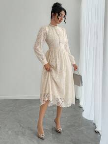 DAZY Sukienka z długim rękawem w stylu francuskim z koronką, nowa, ekskluzywna sukienka midi z marszczeniami w talii na jesień/zimę