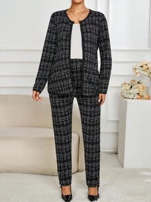 SHEIN 2pcs Maternity Plaid Long Sleeve Cardigan And Pants Casual Outfit, Autumn