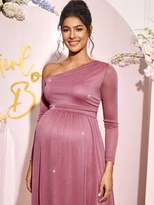 Loomaby 优雅派对不对称领口亮片孕妇装 - 粉色 - 查看 7