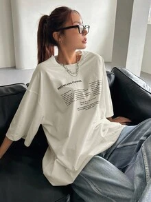 DAZY 女式夏季宽松圆领短袖 T 恤，带标语印花，KEEP MOVING FORWARD 超大码 T 恤，图案 T 恤 - 杏色 - 查看 4