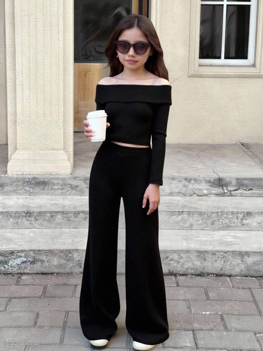 SHEIN 2件套青少年女孩露肩长袖上衣和休闲裤套装 - 黑色 - 查看 1