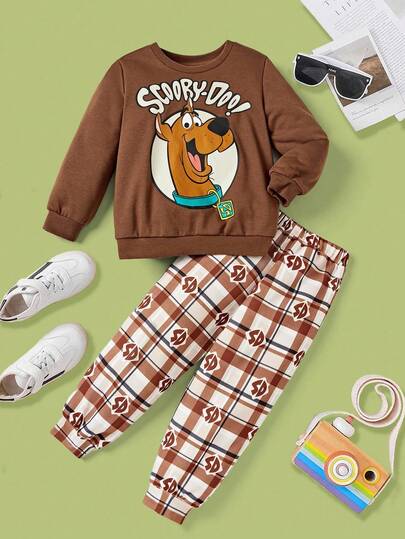 SCOOBY-DOO X SHEIN 2 pièces Sweat-shirt col rond à motif de dessin animé marron et pantalon de survêtement à carreaux pour jeune garçon, automne/hiver