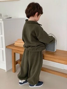 DAZY 男童休闲宽松夹克套装，图案刺绣设计，秋季 - 軍綠色 - 查看 6