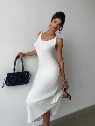  Siren Gaze 2025 New Wedding Party Dress Elegant Dresses For Women Women's Casual White Wool Shoulder Knot Metal Buckle Decoration Tight Waist A-Line Long Skirt Minimalist Solid Color Slim Fit Sleeveless Women Sweater Dress Winter