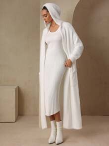 Graceveil Bộ 2 áo khoác cardigan dài họa tiết lông thú mùa đông cho nữ - trắng - Xem 7