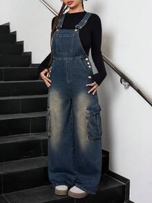 SHEIN 少女复古蓝色牛仔宽松背带裤 - 深色水洗藍 - 查看 7