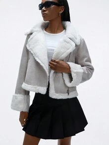 GENKIRA Fuzzy Lined Zip Up Lapel Collar Jacket - Grey - View 4