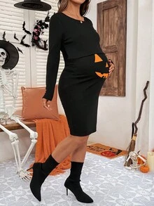 SHEIN Sukienka do karmienia piersią dla kobiet w ciąży, czarna, z nadrukiem dyni na Halloween, z długim rękawem, dopasowana, jesienno-zimowa, termiczna, z podszewką, ciepła, na Halloween