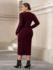 Chikora Plus Size Women Burgundy V-Neck Puff Sleeve Fitted Knit Midi Dress,Autumn Curve Elegant Cocktail Bodycon Ribbed Long Sleeve Work Office Wear Outfits - Burgundy - View 2