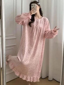 DAZY Sweet Allover Cherry Print Ruffle Trim Nightgown Pajama, Moo Moo Sleep Dress, Fall, Winter - Pink - View 4