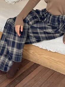 DAZY Teen Girl Loose Comfortable Plaid Straight Leg Pants, Casual Home Wear, Autumn - Navy Blue - View 7