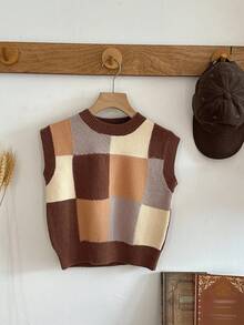 DAZY Young Boys Loose Fit Plaid Knit Sweater, Casual Style For Fall Vest - Brown - View 8