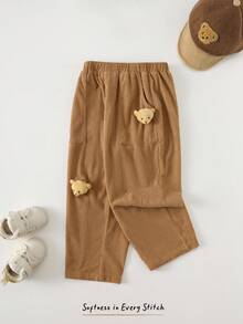 Cozy Pixies Pantalones casuales con cintura elástica y estampado de oso de dibujos animados para niño pequeño - Marrón - Ver 6