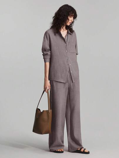 Ontre 2026SS Women's 2 Pieces Outfit, Matching Homewear, Beach Vacation Outfit - Long Pants + Long Sleeve Shirt Set, Music Festival Party Business Casual Office Elegant Blouse Modern Urban Casual Fashion Business Casual Women's Office Wear Low-Key Old Money Style Effortless Temperament High-End Urban Commuting High-Quality Airport Women's Wear High-End Material