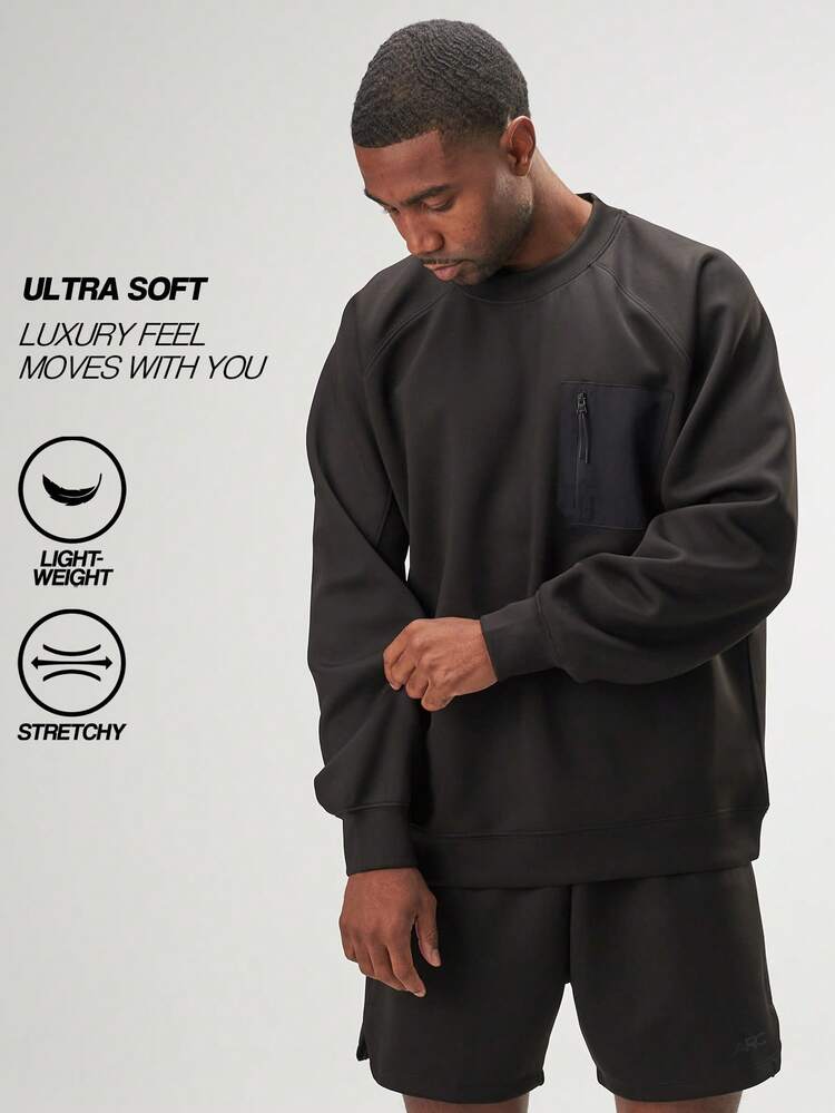 Sudadera holgada de cuello redondo de unicolor con bolsillo con cremallera para hombre, para invierno - Negro - Añade 1