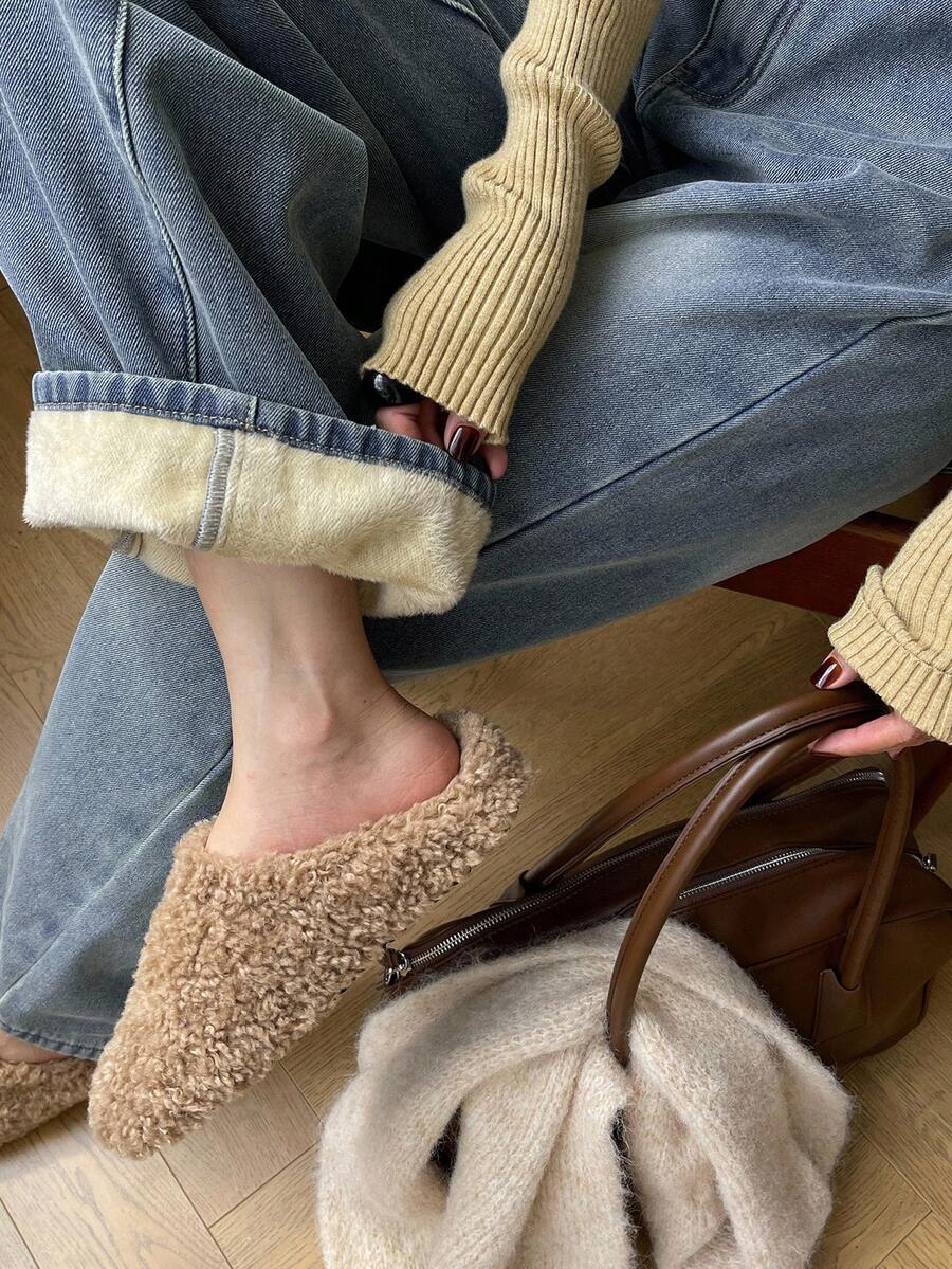 DAZY 宽松复古阔腿牛仔裤，秋冬季保暖内衬直筒及地长牛仔裤，女士保暖内衬 - 藍色 - 查看 1