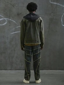 Manfinity EMRG 男士复古流苏牛仔夹克和阔腿裤两件套朋克复古水洗修身派对街头破洞牛仔秋装