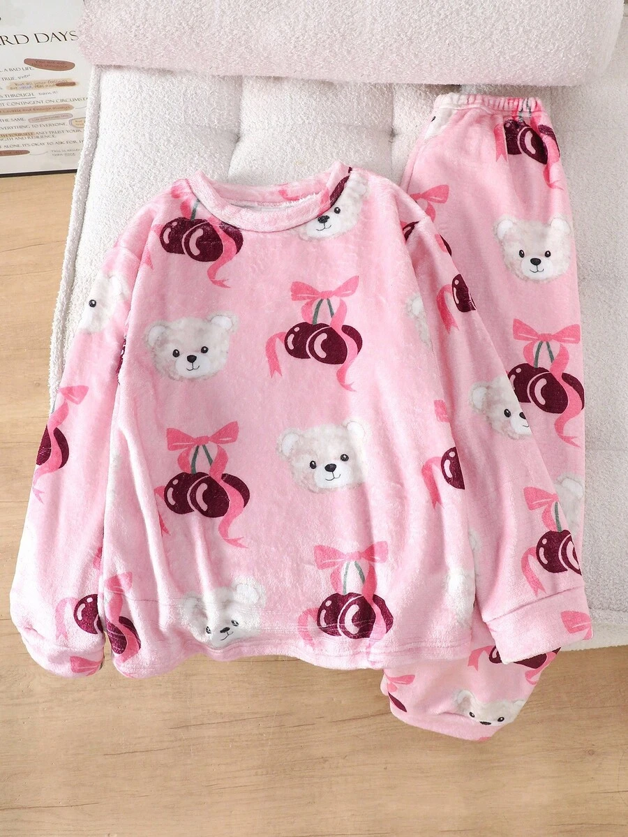 Girls' Cute Cherry Bear Print Fluffy Long Sleeve Top And Pants 2 Pieces Pajama Set - Pink - View 1
