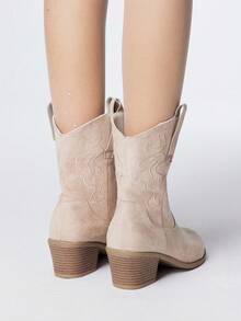 Styleloop Women's Red Embroidered Western Side Zipper Wedge Heel Cowboy Boots, Pull-On Elastic Tall Boots, Ankle Boots For Halloween, Christmas, Autumn - Beige - View 5