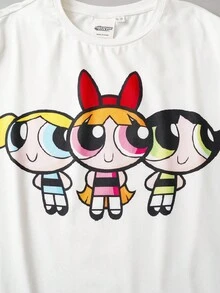 THE POWERPUFF GIRLS X SHEIN Tween Girl Cartoon Blossom, Bubbles, Buttercup Pattern White Casual Versatile Top And Rose Pink Cute Pants Comfortable Autumn/Winter Pajama Set - Pink - View 4