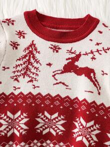 SHEIN 男婴/女婴休闲可爱雪花驯鹿圣诞铃铛圣诞树提花图案套头衫，适合秋冬季、居家、郊游、圣诞派对、丑陋的圣诞毛衣、家庭装、妈妈和我（3 件单独出售） - 紅色 - 查看 6