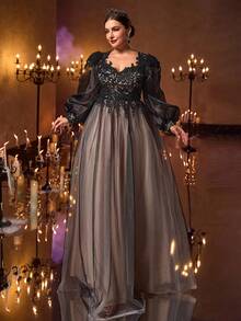 Glamrae 大码优雅浪漫深色蕾丝拼布透明长袖 A 字形正式晚礼服 - 黑色 - 查看 3