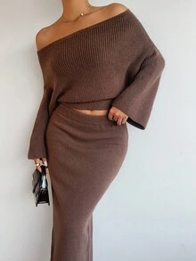 SHEIN Unity 1 Set Sexy Versatile Off-Shoulder Long Sleeve Top And Skirt Knit Suit - Coffee Brown - View 4