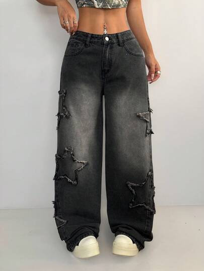 Coolane Quần jeans rách họa tiết ngôi sao phong cách Grunge Athleisure dành cho nữ của Rapper