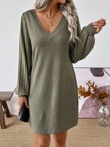 SHEIN LUNE V-Neck Lantern Sleeve Ribbed Patchwork Loose Autumn Dress