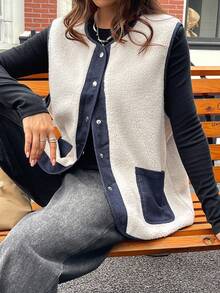 Livesso Chaleco/chaqueta de mujer con cuello redondo, manga corta, parches de piel sintética para el otoño - Beis - Ver 3