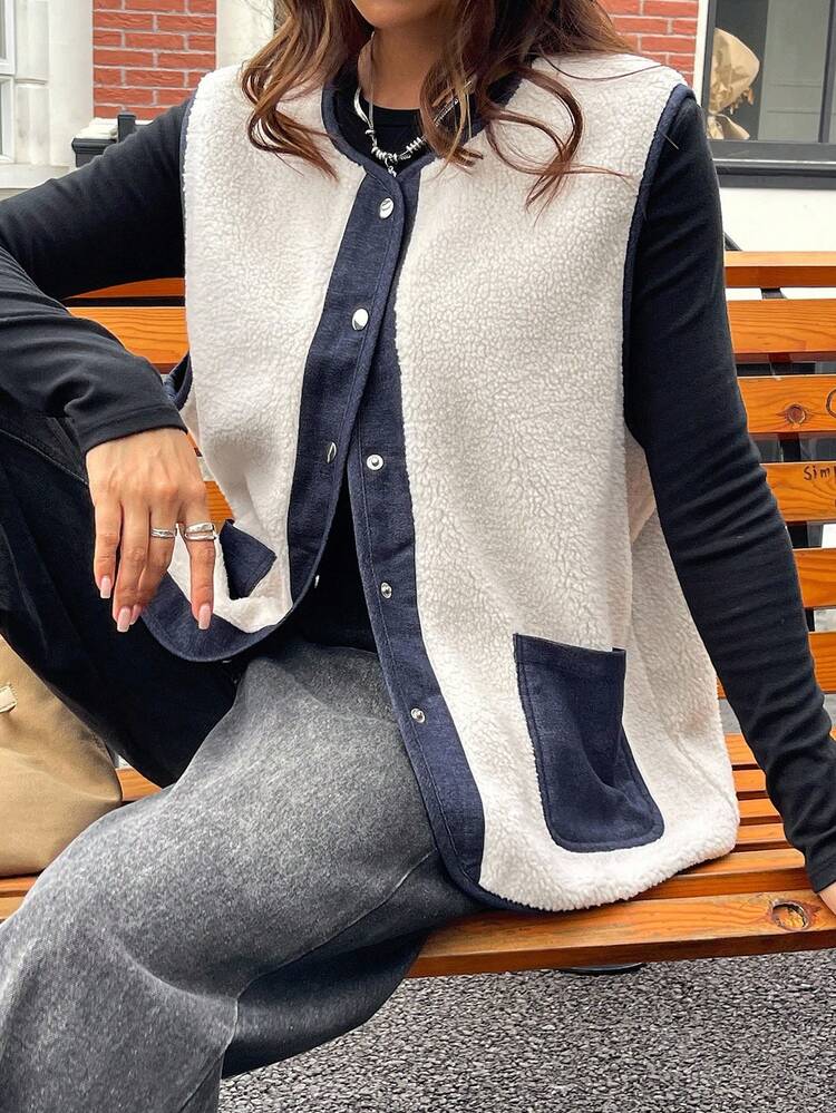 Livesso Women's Autumn Round Neck Short Sleeve Faux Shearling Patchwork Vest Jacket Women Coats - Beige - View 3