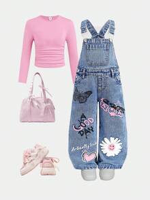 SHEIN Quần yếm denim xanh họa tiết hoa và bướm cho bé gái - Rửa nhẹ - Xem 1
