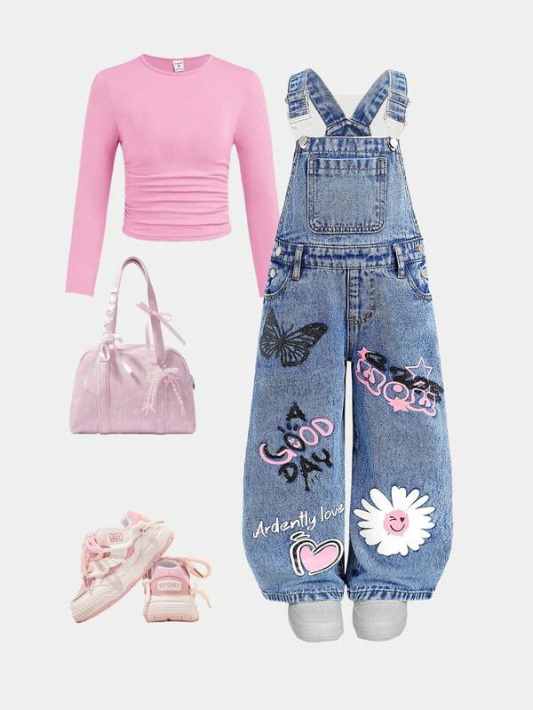 SHEIN Young Girl' Y2K Floral & Butterfly Print Blue Denim Overalls,Fall Clothes,Autumn Clothes ,Casual And Fashionable Vacation Outfits,Street Wear Winter