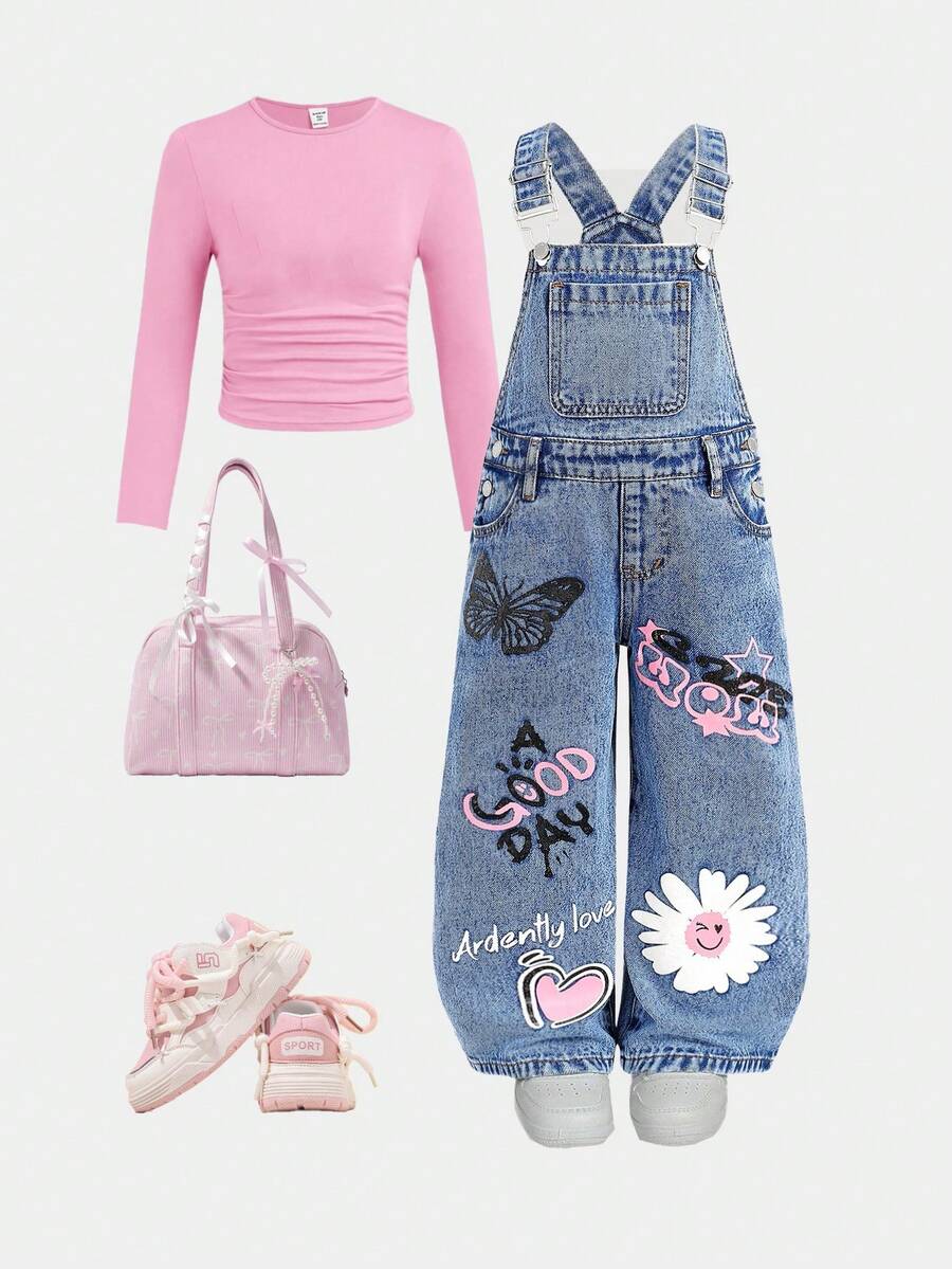 SHEIN Quần yếm denim xanh họa tiết hoa và bướm cho bé gái - Rửa nhẹ - Xem 1