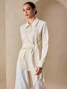 Graceveil Áo sơ mi nữ thắt eo ruy băng màu trắng kem, thích hợp cho lễ tốt nghiệp, mùa thu - Màu be - Xem 6