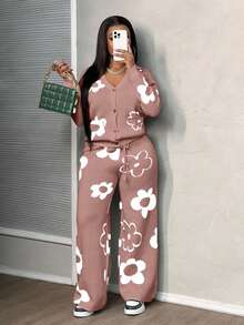 EURMUSE Women Floral Pattern Long Sleeve Single-Breasted Knitted Cardigan And Knitted Pants Casual Suit, Autumn/Winter - Multicolor - View 3