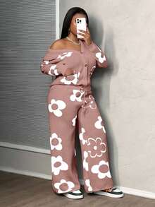 EURMUSE Women Floral Pattern Long Sleeve Single-Breasted Knitted Cardigan And Knitted Pants Casual Suit, Autumn/Winter - Multicolor - View 5