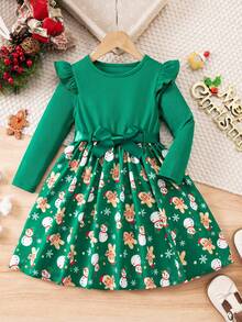 Vestito da ragazza con stampa natalizia a cartoni animati e patchwork - nero - Visualizzare 1