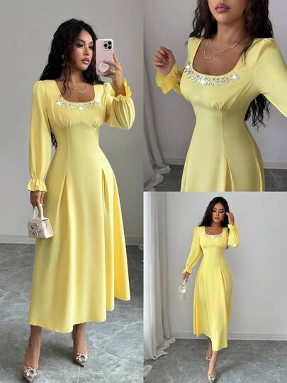 Rafferiza 女士优雅通勤纯色水钻装饰连衣裙