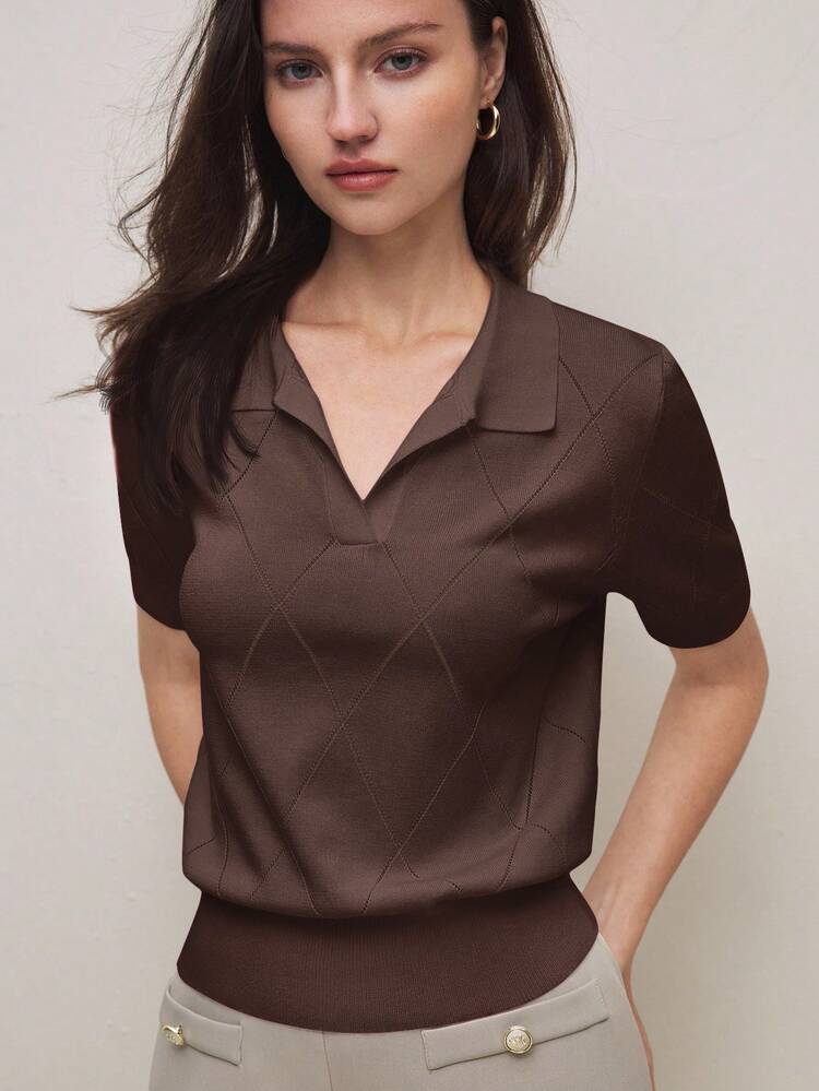 SHEIN BIZwear Maglione in maglia di diamanti con colletto alla polo color cammello, elegante e alla moda per l'ufficio e il tempo libero, stile romantico versatile adatto per occasioni formali, feste, matrimoni, concerti, brunch, aeroporto, Festa Nazionale, Capodanno, Natale, Ognissanti - Caffè Marrone - Visualizzare 6