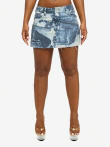 SUMWON WOMEN 棉质破洞迷你牛仔裙酸洗毛边高腰节日夏季海滩休闲街头风格磨边拼布印花 - 彩色 - 查看 6