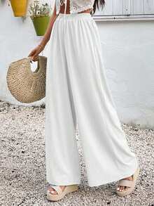 EURMUSE Calça feminina casual solta, cor sólida, cintura elástica, perna larga - Branco - Ver 5