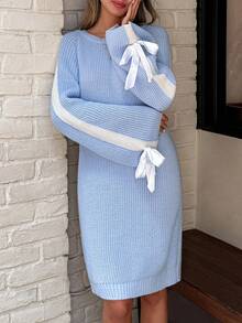 Casual Crew Neck Color Block Balloon Sleeve Bow Tie Cuffs Mini Knit Dress Baby Blue Sweater Dress Jumper Dress Blue Knit Dress With Bows Sweater Dress With Bows,Winter Dresses For Women,Dresses For Women,Jumpers For Women,Winter Dresses