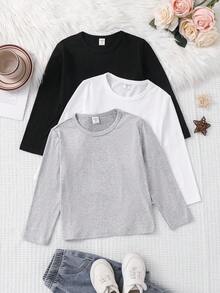 SHEIN 3 件套年轻女孩圆领休闲简约长袖 T 恤汗衫上衣，非常适合秋冬季休闲、日常穿着和上学，必备单品，百搭，妈妈和女儿搭配，姐妹和我搭配 - 彩色 - 查看 3